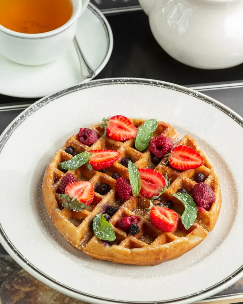 A perfectly round waffle topped with fresh strawberries, raspberries, blueberries, and mint leaves, dusted with powdered sugar, served alongside a cup of tea.