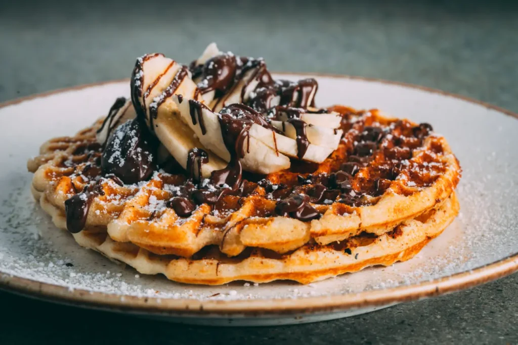 A close-up of golden waffles topped with sliced bananas, drizzled with rich chocolate sauce, and dusted with powdered sugar, served on a rustic plate.