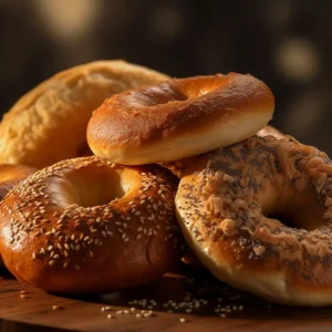 A variety of golden bagels with sesame seeds, poppy seeds, and crispy onion toppings on a wooden surface.