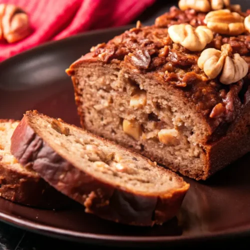 A loaf of banana bread topped with walnuts, sliced and served on a brown plate with additional walnuts and a red cloth in the background.