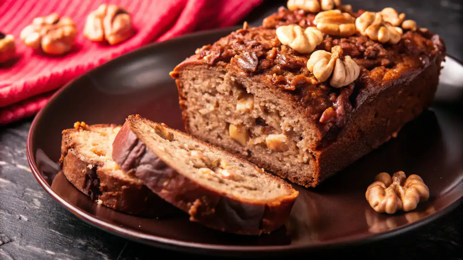 A loaf of banana bread topped with walnuts, sliced and served on a brown plate with additional walnuts and a red cloth in the background.