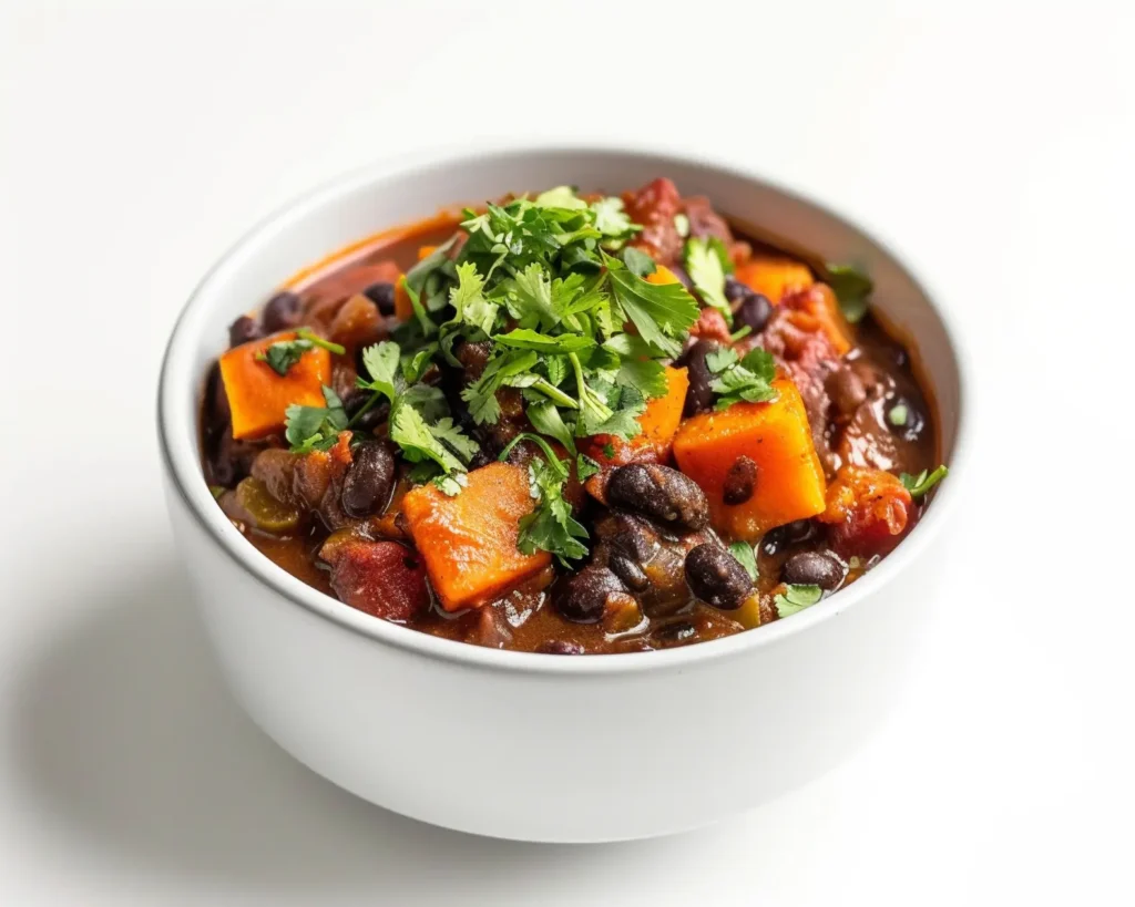 A bowl of rich black bean stew with chunks of sweet potato, diced tomatoes, and a fresh cilantro garnish on a white background.