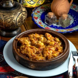 A rustic clay dish filled with Moroccan chicken tagine, featuring caramelized onions, tender chicken, and green olives, surrounded by traditional Moroccan decor.