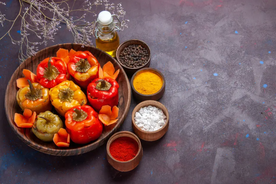 A wooden bowl filled with vibrant stuffed bell peppers surrounded by carrot slices, with small bowls of spices like turmeric, paprika, salt, and pepper, and a bottle of olive oil on a textured dark surface.