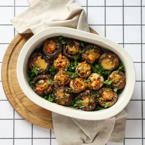 A baking dish filled with stuffed mushrooms topped with melted cheese, fresh parsley, and vibrant filling, placed on a wooden board with a light-colored towel.