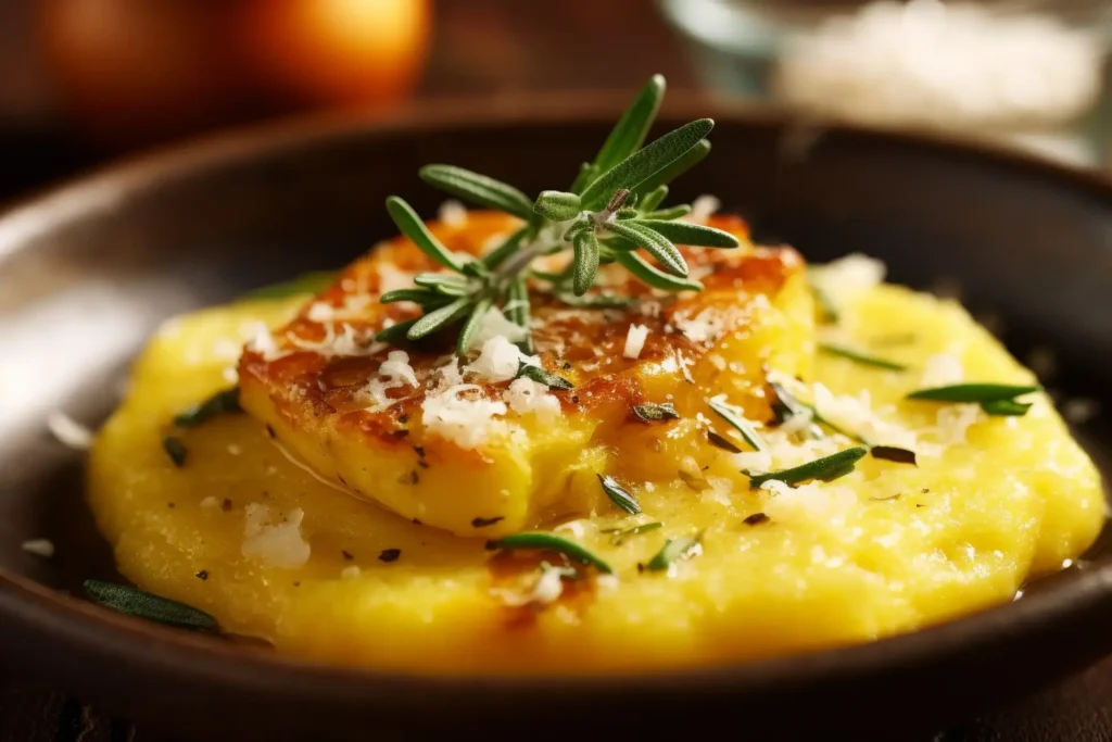 A golden slice of grilled polenta garnished with fresh rosemary and grated cheese, served on a creamy polenta base.