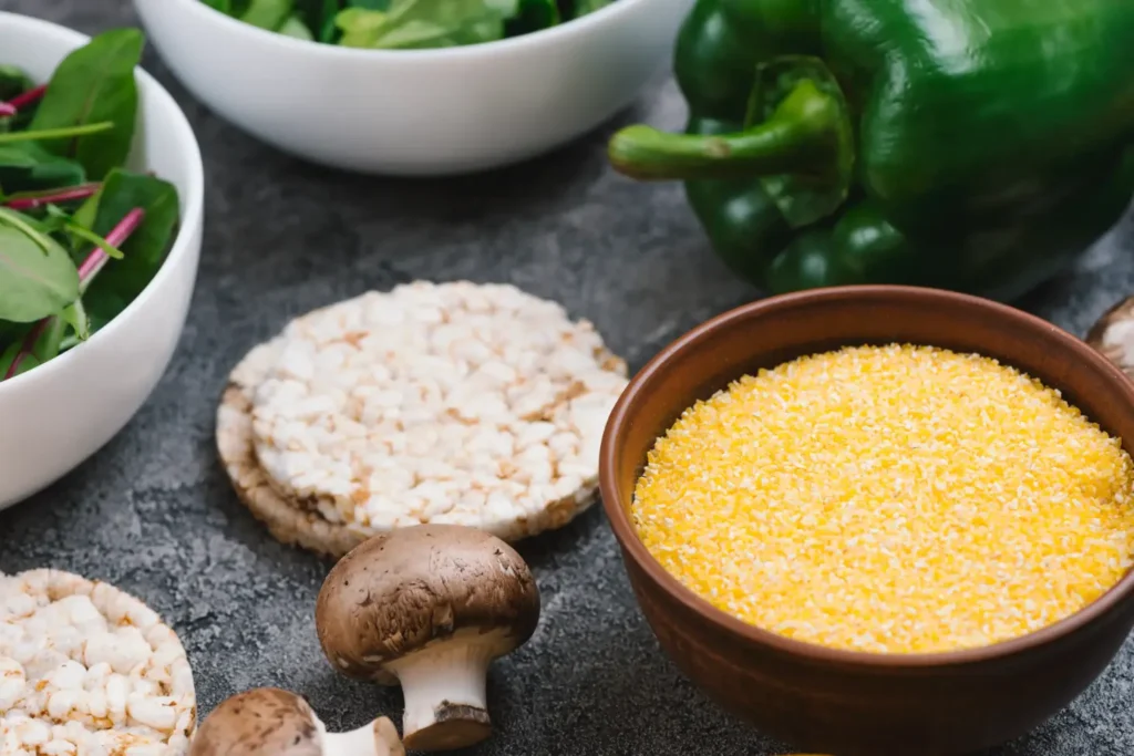 A bowl of yellow polenta surrounded by fresh ingredients like mushrooms, green bell pepper, rice cakes, and mixed greens on a dark surface.