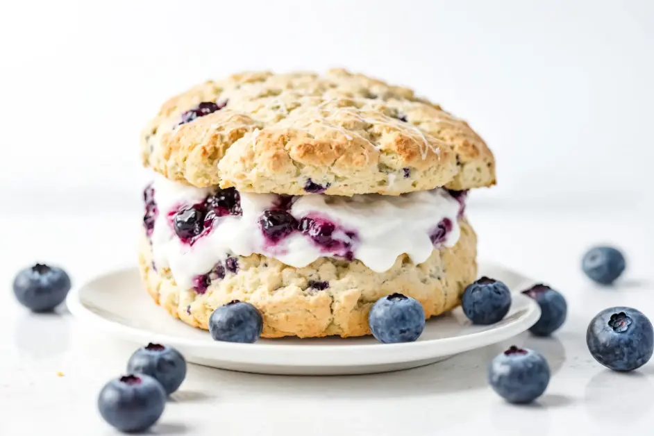 A freshly baked blueberry scone filled with whipped cream and blueberry jam, served on a white plate with fresh blueberries scattered around.