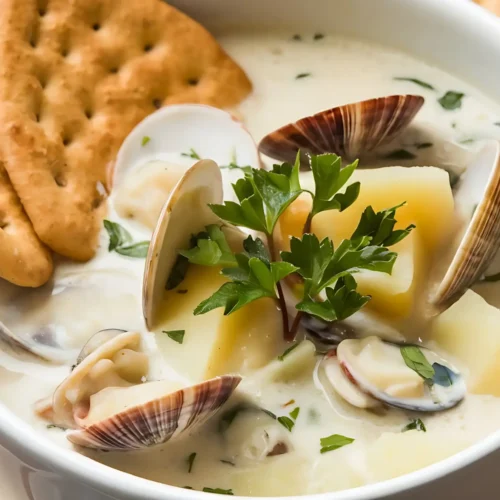 A bowl of classic clam chowder with tender clams, diced potatoes, and fresh parsley, served alongside crispy crackers.