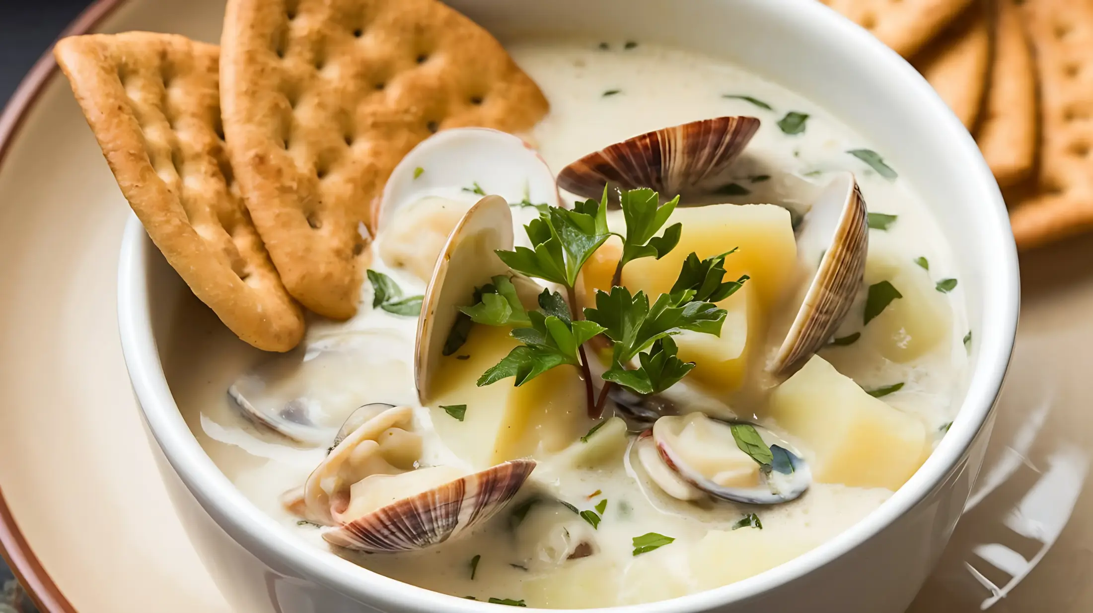 A bowl of classic clam chowder with tender clams, diced potatoes, and fresh parsley, served alongside crispy crackers.