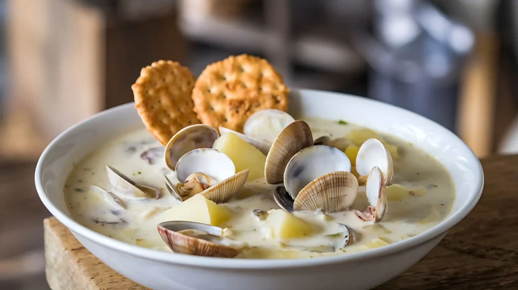 A creamy bowl of clam chowder garnished with fresh clams, diced potatoes, and crackers.