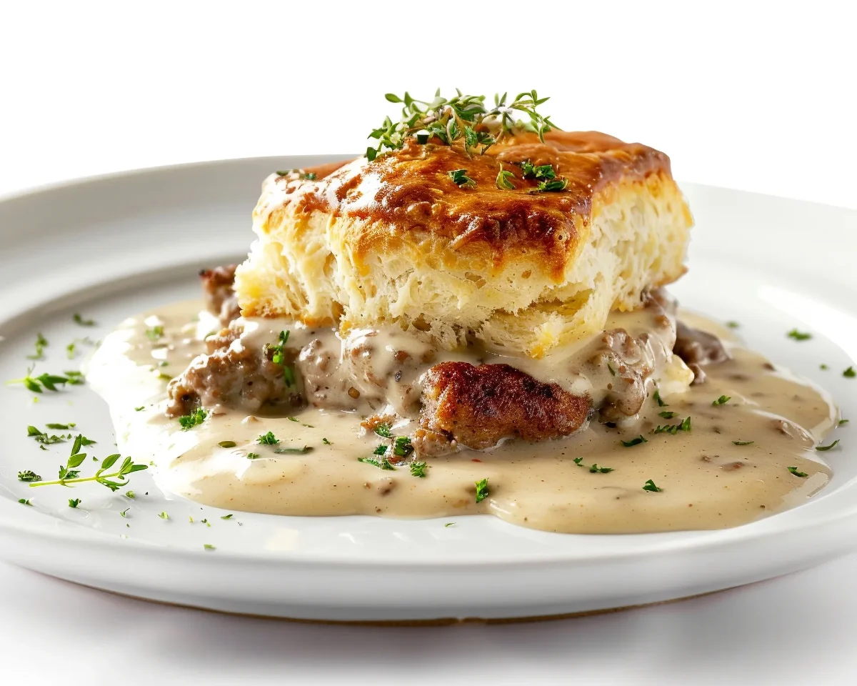  A golden, flaky biscuit served on top of creamy sausage gravy, garnished with fresh herbs on a white plate.