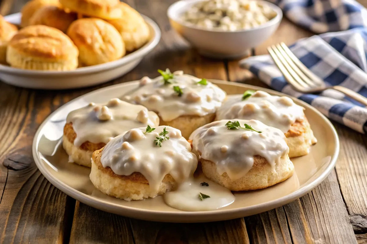 A plate of warm, golden biscuits smothered in creamy sausage gravy, garnished with fresh herbs, served on a rustic wooden table.