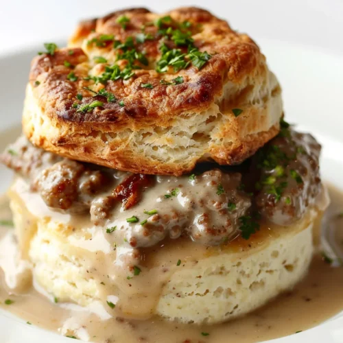 A flaky, golden biscuit stacked with savory sausage, smothered in creamy gravy, and garnished with fresh chopped herbs on a white plate.