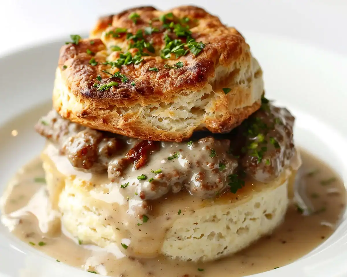 A flaky, golden biscuit stacked with savory sausage, smothered in creamy gravy, and garnished with fresh chopped herbs on a white plate.