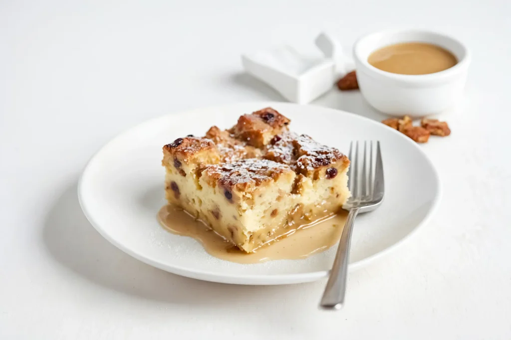 A slice of bread pudding topped with powdered sugar and caramel sauce on a white plate with a fork.