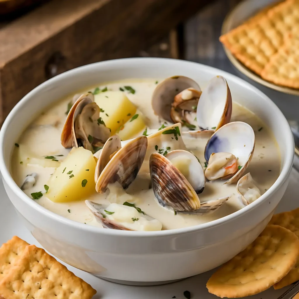 A bowl of creamy clam chowder filled with clams, potatoes, and topped with fresh parsley, served alongside crackers.