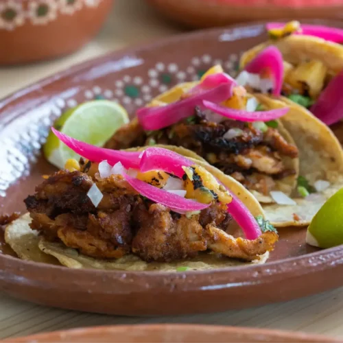 Close-up of traditional Mexican tacos al pastor served on a decorative plate with lime wedges and vibrant toppings like pickled onions and fresh cilantro.