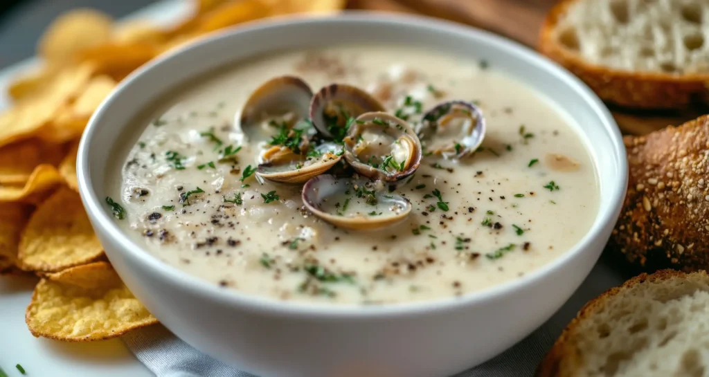 A creamy bowl of clam chowder garnished with fresh parsley and black pepper, served with crispy chips and crusty bread.