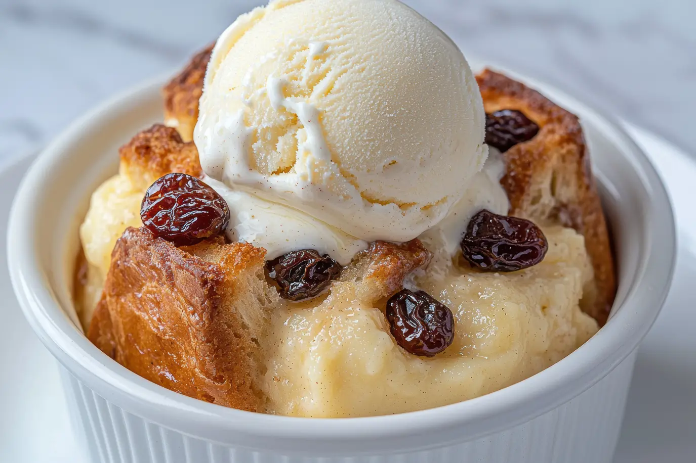 Warm bread pudding in a white ramekin topped with a scoop of vanilla ice cream and raisins.