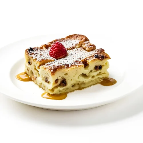 A slice of bread pudding topped with powdered sugar, a fresh raspberry, and caramel sauce on a white plate.