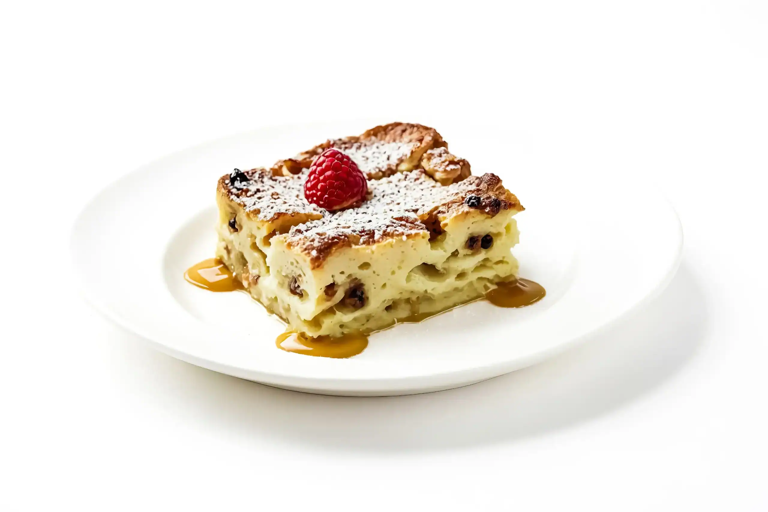 A slice of bread pudding topped with powdered sugar, a fresh raspberry, and caramel sauce on a white plate.
