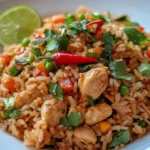 A plate of chicken fried rice with colorful vegetables, fresh cilantro, red chili, and a slice of lime, showcasing a vibrant and appetizing meal.