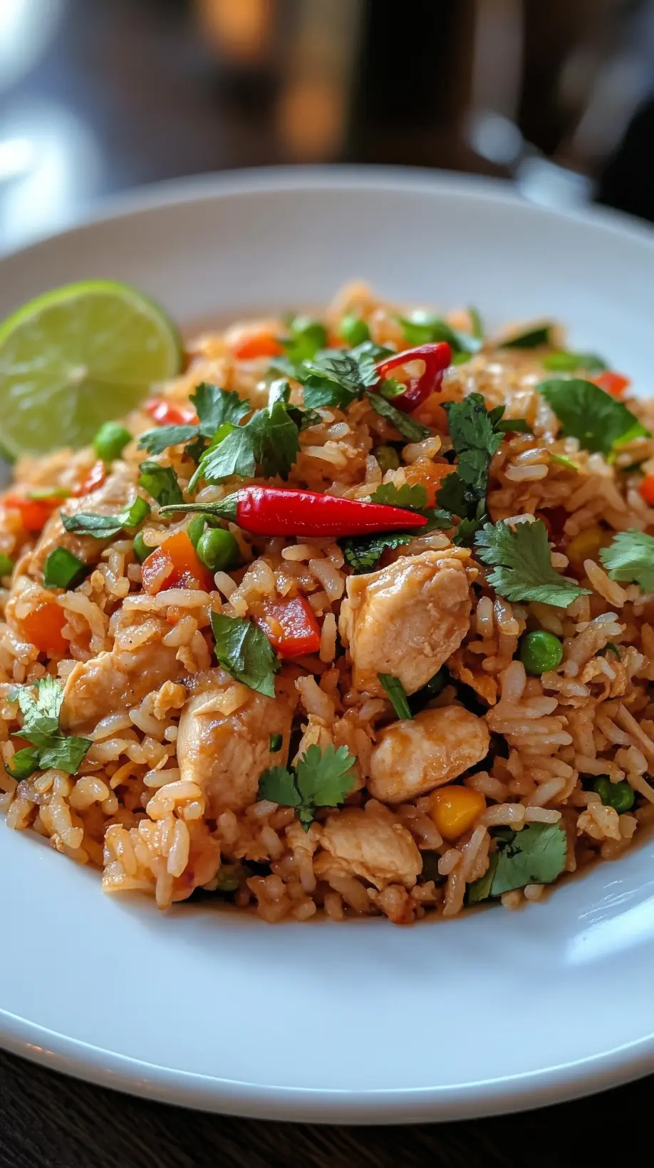 A plate of chicken fried rice with colorful vegetables, fresh cilantro, red chili, and a slice of lime, showcasing a vibrant and appetizing meal.