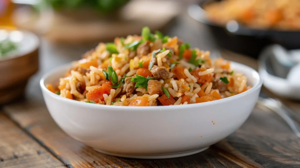 A bowl of chicken fried rice mixed with colorful vegetables like carrots and parsley, served on a wooden table for a warm, homely meal.