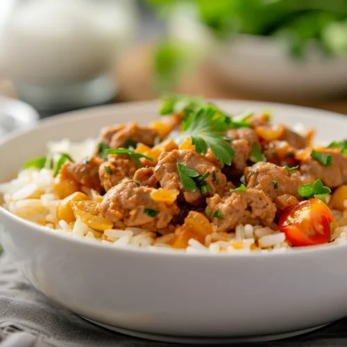 A bowl of chicken fried rice topped with fresh parsley and served with colorful vegetables, showcasing a vibrant and delicious dish.