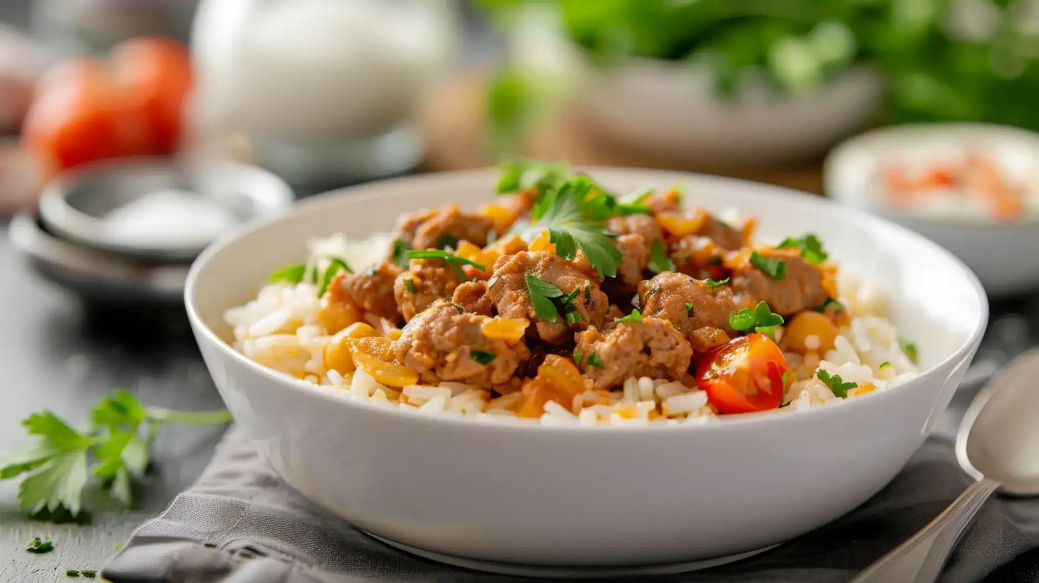 A bowl of chicken fried rice topped with fresh parsley and served with colorful vegetables, showcasing a vibrant and delicious dish.