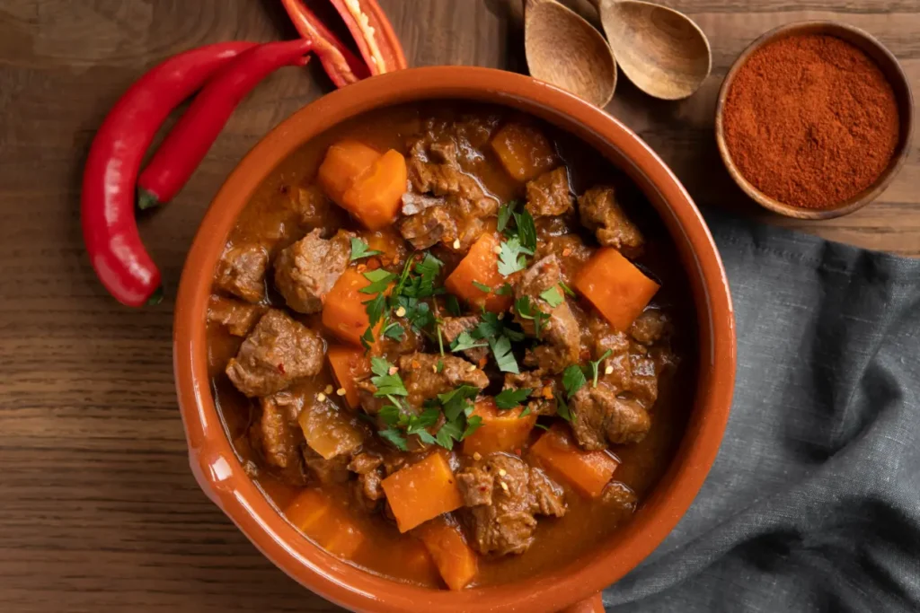 A bowl of hearty beef goulash with chunks of tender beef, carrots, and garnished with fresh parsley, surrounded by paprika, red chili peppers, and wooden spoons.