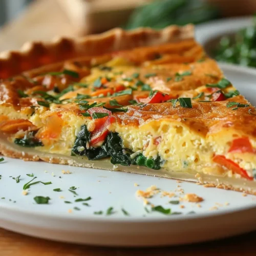 A slice of vegetable quiche with a flaky crust, filled with eggs, spinach, red bell peppers, and cheese, garnished with fresh herbs on a white plate.