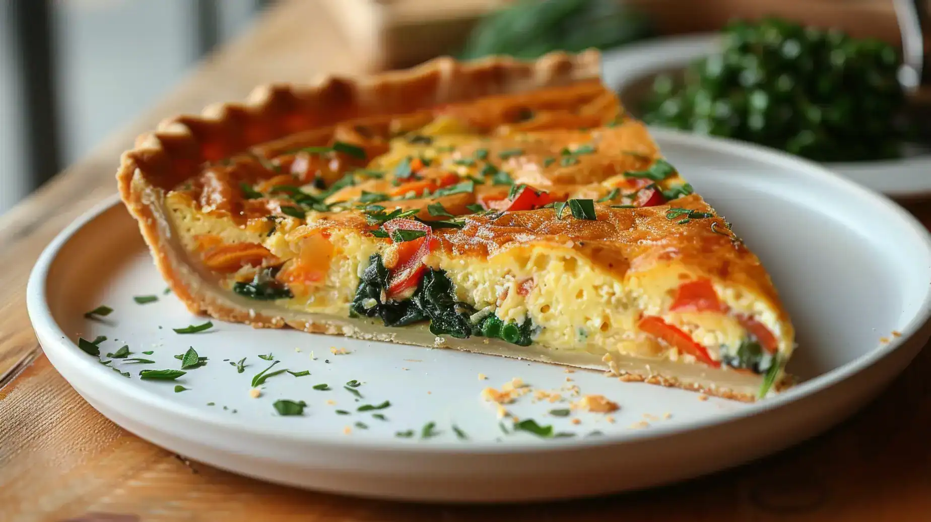 A slice of vegetable quiche with a flaky crust, filled with eggs, spinach, red bell peppers, and cheese, garnished with fresh herbs on a white plate.