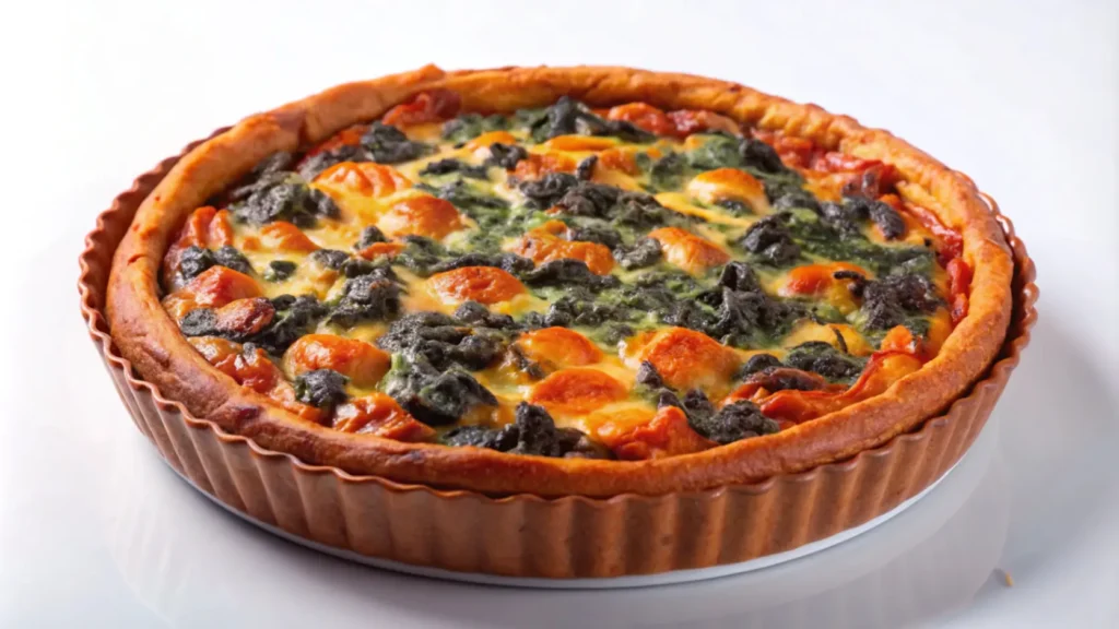 A golden-brown vegetable quiche with a crispy crust, filled with spinach, cherry tomatoes, and melted cheese, baked to perfection.