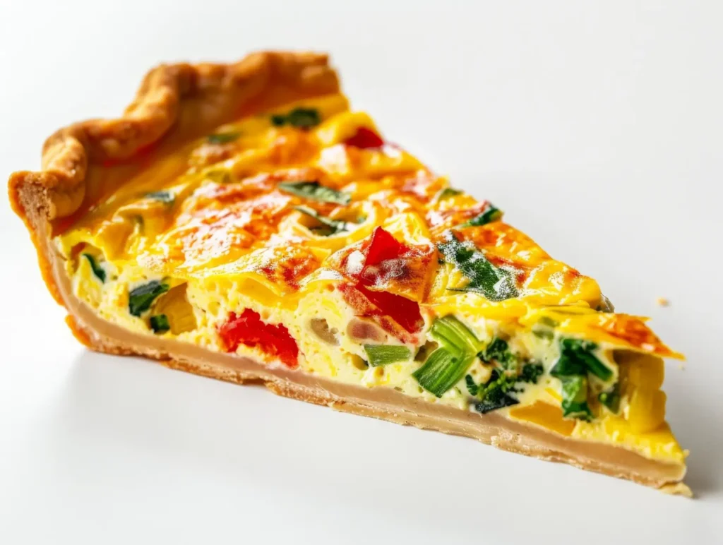 A close-up slice of veggie quiche with a flaky golden crust, filled with eggs, red bell peppers, spinach, green onions, and melted cheese, served on a white plate.