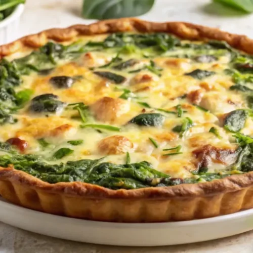 A freshly baked spinach and cheese quiche with a golden flaky crust, served on a white plate with fresh spinach leaves in the background.