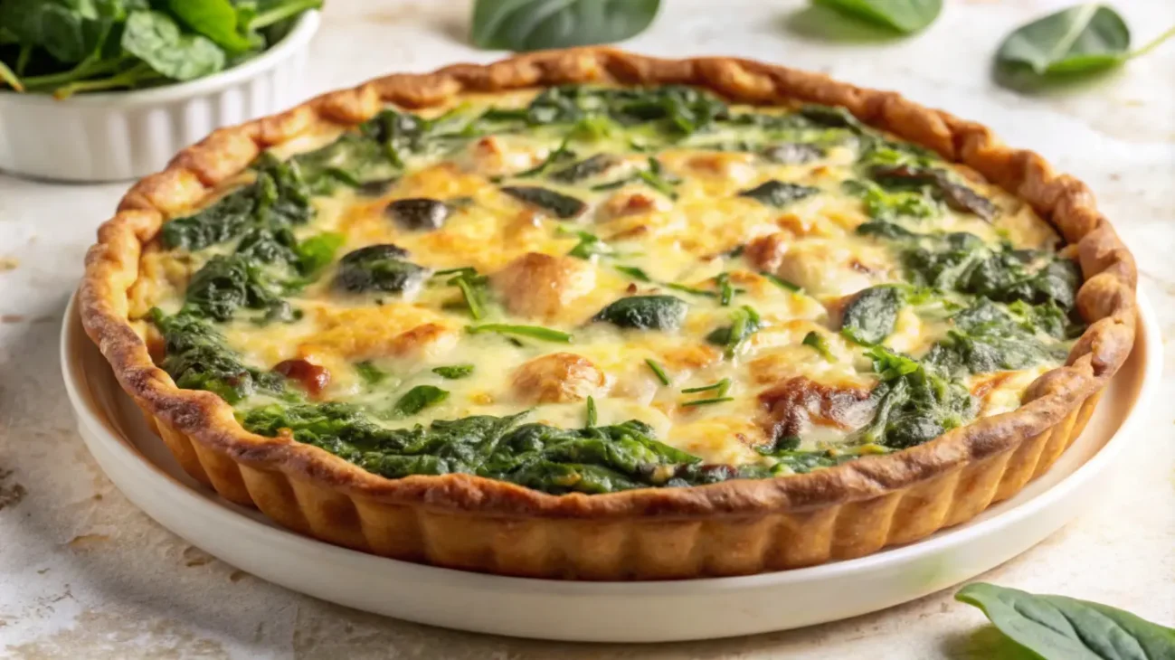 A freshly baked spinach and cheese quiche with a golden flaky crust, served on a white plate with fresh spinach leaves in the background.