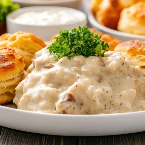 A plate of golden, flaky biscuits served with creamy sausage gravy, garnished with fresh parsley, on a rustic wooden table.