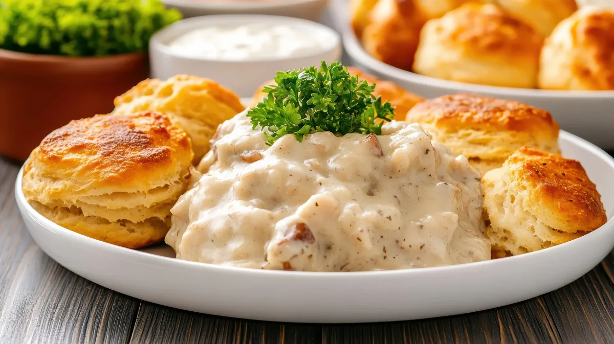 A plate of golden, flaky biscuits served with creamy sausage gravy, garnished with fresh parsley, on a rustic wooden table.