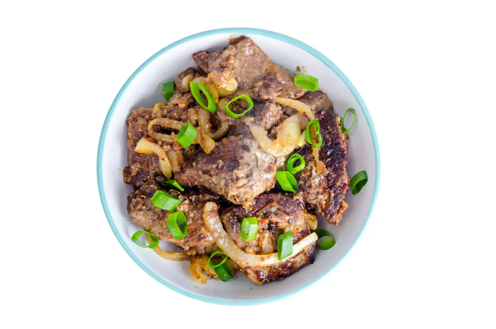 A top view of a bowl filled with cooked beef liver and caramelized onions, garnished with fresh green onion slices, set against a white background.