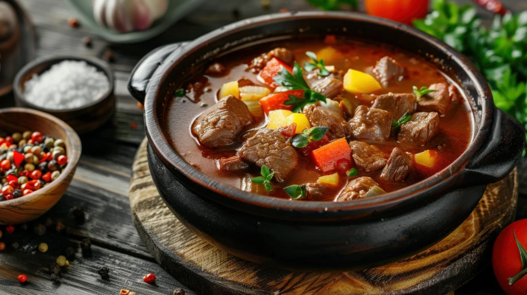 A steaming pot of hearty beef goulash with tender beef chunks, colorful vegetables, and fresh herbs, served in a rustic black bowl on a wooden surface.