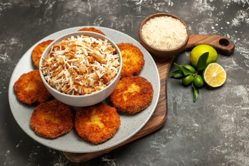 A plate of crispy chicken cutlets arranged around a bowl of fragrant cooked rice, with raw rice, lemons, and limes on the side.