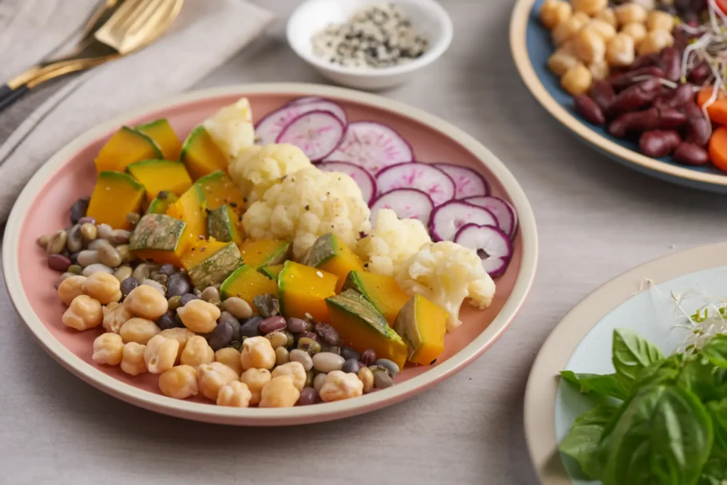 A vibrant plate featuring chickpeas, roasted pumpkin, cauliflower, radish slices, and mixed beans, arranged beautifully as a healthy salad or Buddha bowl.