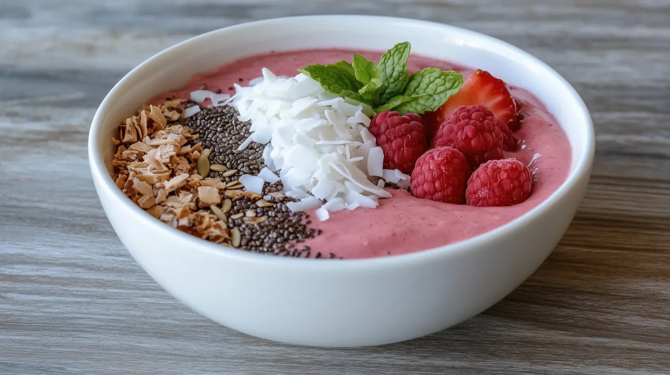 A vibrant pink smoothie bowl topped with fresh raspberries, shredded coconut, chia seeds, toasted coconut flakes, and a sprig of mint, served in a white bowl on a wooden surface.