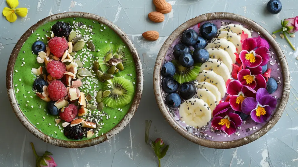 Two beautifully arranged smoothie bowls—one green and one purple—topped with fresh fruit, nuts, seeds, and edible flowers, served in rustic bowls on a textured surface.