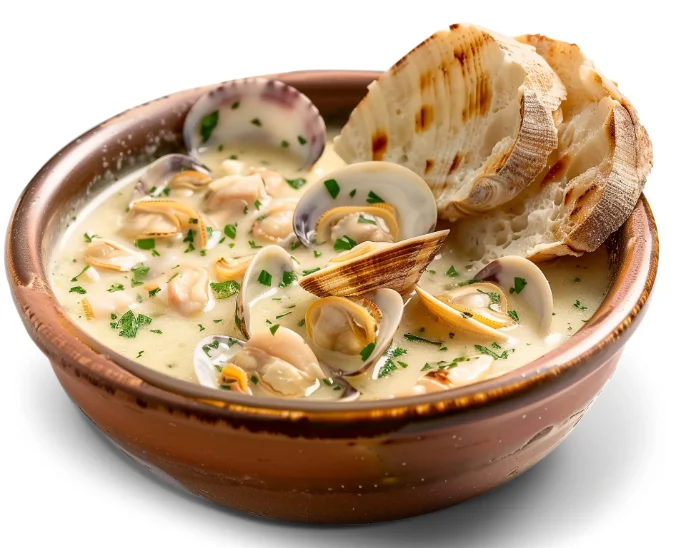 A rustic brown bowl filled with creamy clam chowder, featuring fresh clams in their shells, chopped clam meat, and garnished with parsley, served with slices of grilled bread.