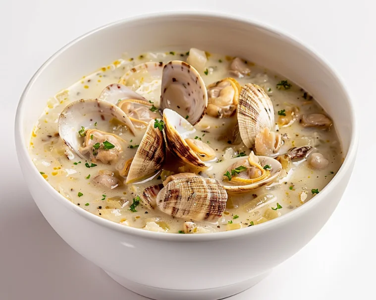 A white bowl filled with creamy clam chowder, featuring fresh clams in their shells, chopped clams, diced potatoes, and garnished with parsley.