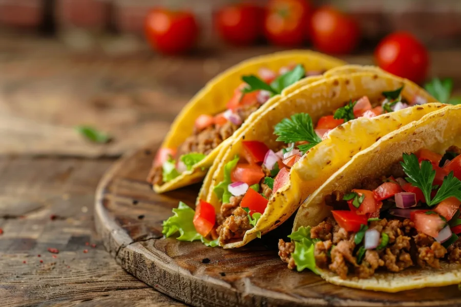 Three crispy taco shells filled with seasoned shredded beef, fresh diced tomatoes, red onions, lettuce, and cilantro, served on a rustic wooden board with cherry tomatoes in the background.