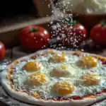 A freshly baked pizza topped with multiple egg yolks and melted cheese, sprinkled with grated parmesan, with fresh tomatoes and a wood-fired oven in the background.